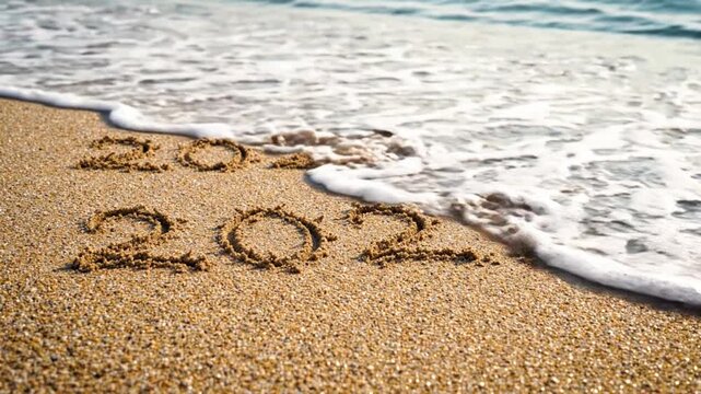 New Year 2026 to 2027 written in beach sand. Fresh start and future planning concept on golden shore with ocean waves.