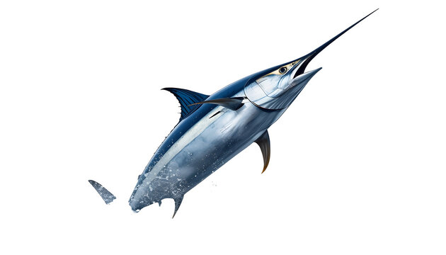 marlin, fish, jumping, marine, ocean, blue, billfish, predator, aquatic, wildlife, nature, silver, scaled, swimming, sea, underwater, athlete, powerful, leaping, isolation, white.
