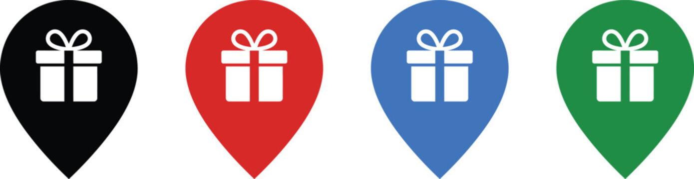 Set of four gift box location pin icons for map navigation and present shopping promotions.