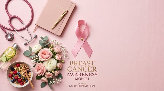 Stethoscope, notepad, and healthy food items surround a pink ribbon placed on a flat surface to represent medical wellness.