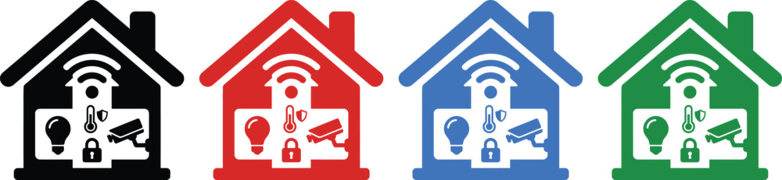 Set of four smart house icons with home security climate and lighting control illustrations.