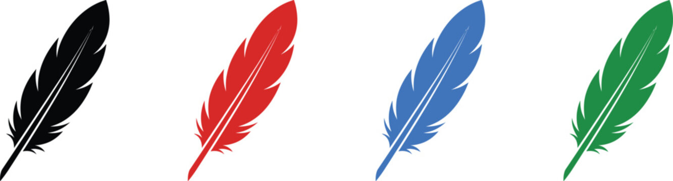 Feather silhouette icon set in black red blue and green colors isolated on transparent surface.