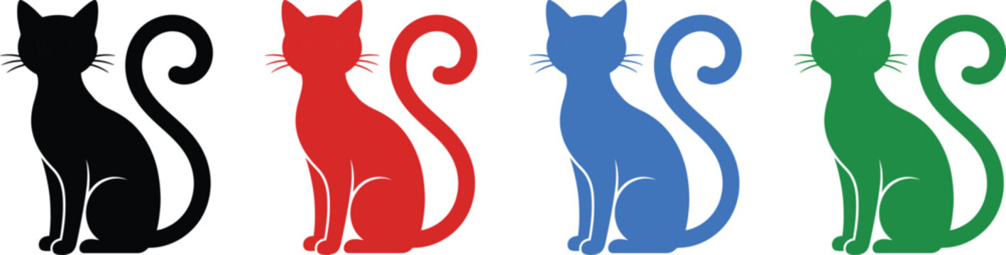 Sitting cat silhouette icon set in black red blue and green isolated on transparent background.