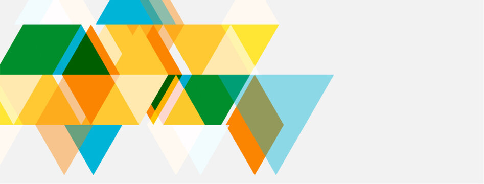 Abstract geometric shapes overlap, creating vibrant color blocks. Design features triangles, squares, rectangles, modern aesthetic.