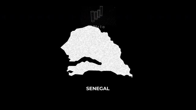 Senegal technology map with animated charts, graphs, statistics, and analytics showcasing economy, infrastructure, innovation, population, trade, energy, and national development