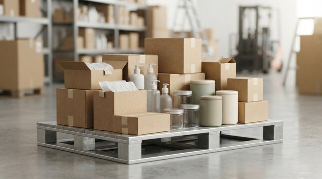 Packaged toiletries, kitchen containers, recycled cardboard cartons, and shipping pallet for consumer products manufacturing and global supply chains