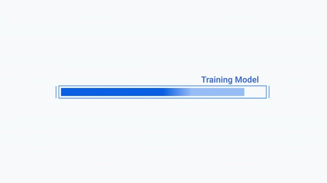Flat vector animated AI model training progress bar with loading indicator and status text. Ideal for artificial intelligence, machine learning, software interfaces, and technology motion graphics.