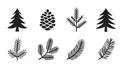 Collection of pine tree icons pinecones and coniferous branches silhouettes on transparent background. © Md