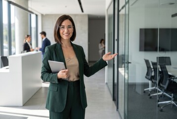 Fototapeta premium Businesswoman holding digital tablet, smiling and gesturing to a modern office meeting room