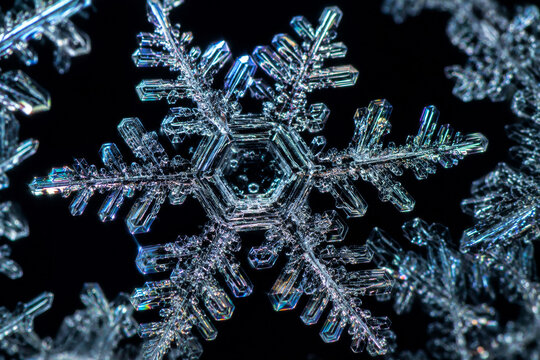 Detailed macro photograph of intricate blue ice snowflake crystal pattern winter background