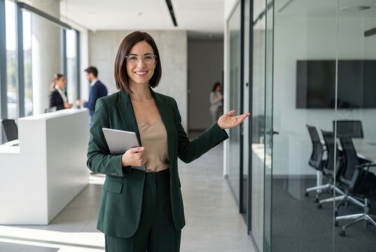 Businesswoman holding digital tablet, smiling and gesturing to a modern office meeting room