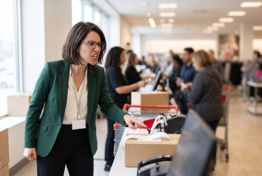 Furious store manager pointing and shouting, expressing anger and workplace conflict