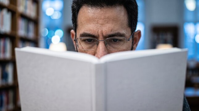 Focused mature student reading a book in a library