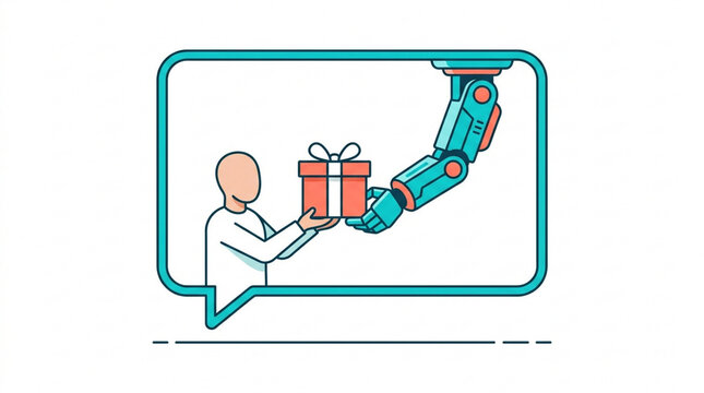 A human figure receives a gift box from a robotic arm within a chat bubble, symbolizing digital interaction and automated delivery.