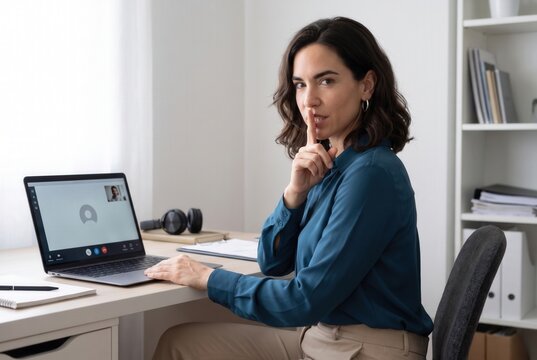 Woman performing a shushing gesture with finger on lips during a video call