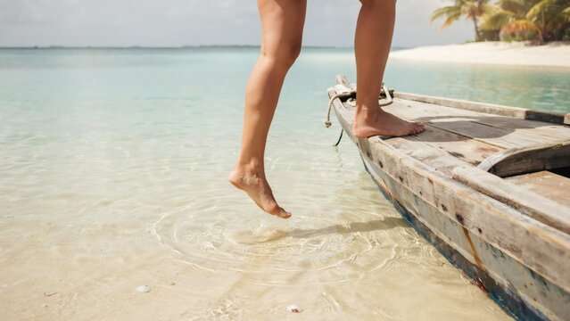Female legs dipping toes into clear tropical ocean water from boat with crystal clear turquoise captures female foot