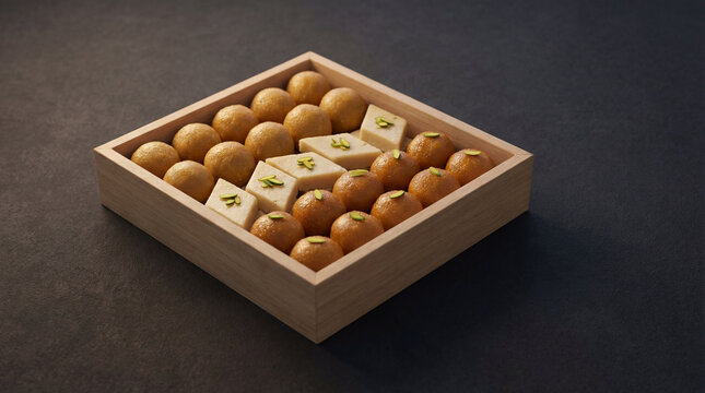 Wooden gift box filled with assorted Indian sweets including round laddoo square barfi pistachio garnish creating festive dessert concept for celebration hospitality gifting cultural cuisine