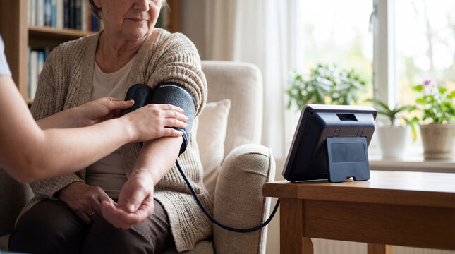 Caregiver measuring blood pressure of senior woman at home with digital monitor representing preventive care home healthcare aging support chronic condition management showing authentic