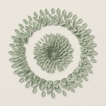 Abstract circular composition featuring delicate sage green leaf patterns arranged in a symmetrical floral mandala design style
