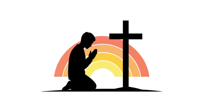 Silhouette of a person kneeling in prayer beside a cross at sunset with vibrant sunset background depicts person spirituality christianity with religion