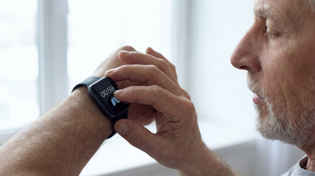 Senior man using smartwatch breathing timer during guided relaxation exercise, authentic active aging concept showing independence confidence value value value value value value value