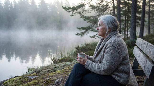 Thoughtful senior woman holding warm mug beside misty forest lake, authentic active aging concept showing independence confidence value value value value value value value value value