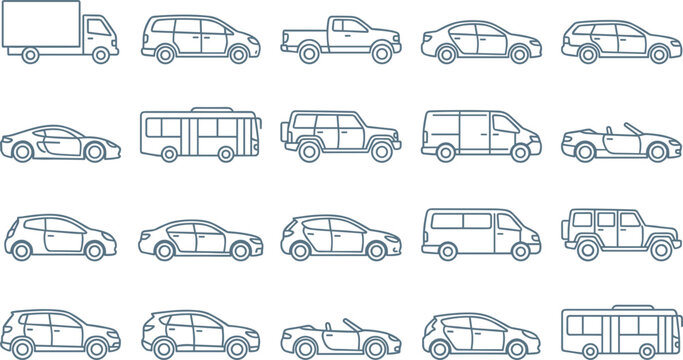 Transportation vehicle type line icons set featuring car sedan truck bus pickup suv van and convertible profile shapes vector