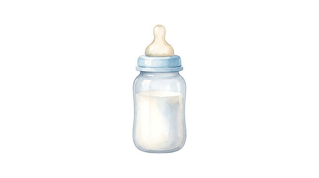 Baby bottle filled with milk isolated on white background, infant feeding and childcare concept