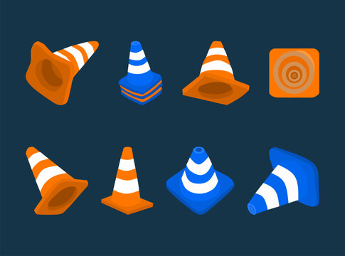 A collection of striped safety cone illustrations featuring various traffic cones in different shapes, colors, and perspectives.