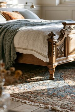 Vintage Persian rug beside a carved walnut bed frame in an English cottage bedroom with warm golden hour light illuminating the scene