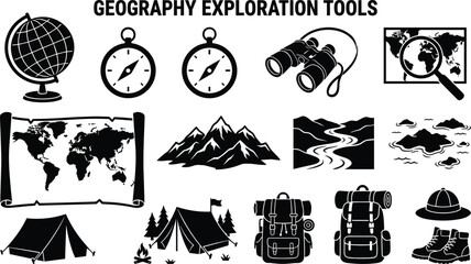 Tourism cartography and discovery design elements bundle containing navigation compass world globe tracking map camp tent and hiking gear silhouettes © Rakib