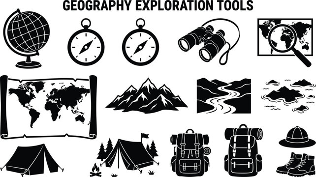 Tourism cartography and discovery design elements bundle containing navigation compass world globe tracking map camp tent and hiking gear silhouettes