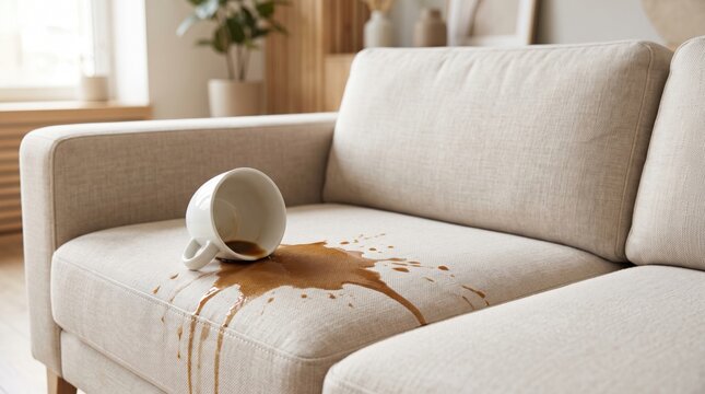 Coffee spill on a light fabric sofa with an overturned cup. Upholstery stain, accidental mess, home cleaning, furniture care and stain removal concept