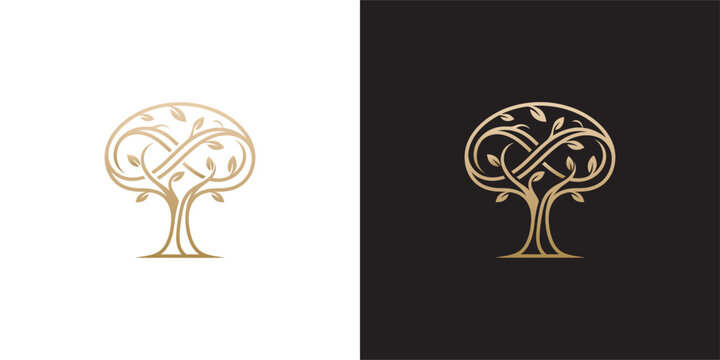 Elegant Golden Tree Logo with Intertwined Infinity Symbol Branches Representing Eternal Growth and Harmony