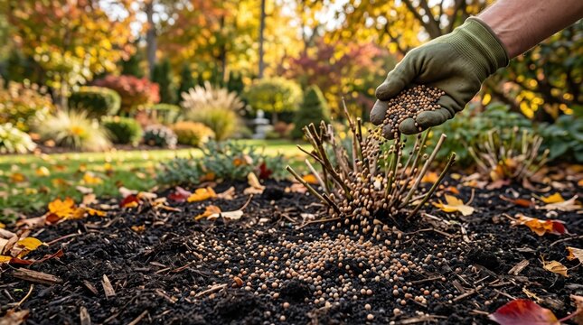 Applying fall fertilizer to garden plants in autumn. Autumn lawn and garden care, seasonal fertilizing, plant nutrition and landscape maintenance concept