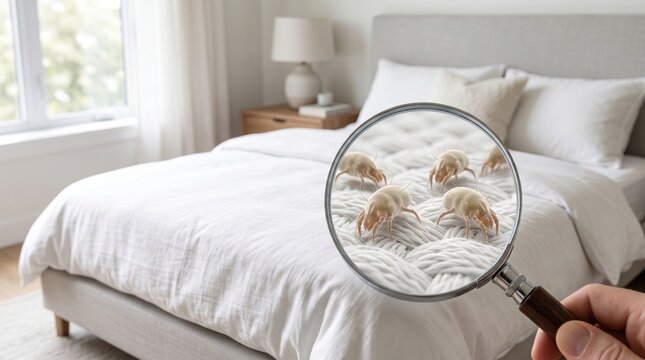 House dust mites in bed linen under a magnifying glass. Bedding allergens, dust allergy, asthma and bedroom hygiene concept
