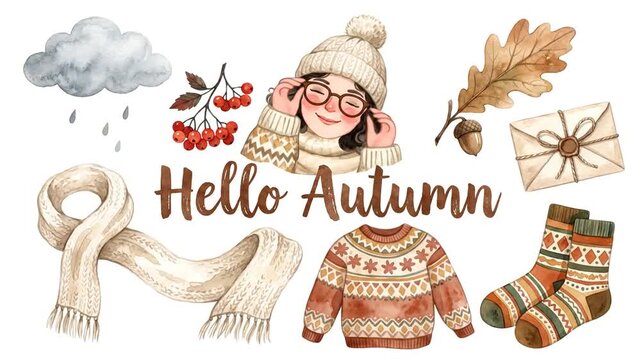 Hello Autumn animation featuring watercolor girl with winter accessories