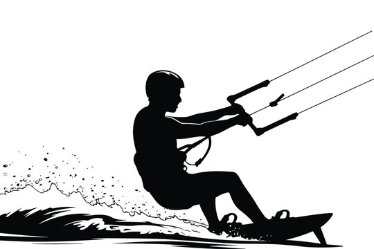 Kitesurfer silhouette riding wave black vector extreme sport.