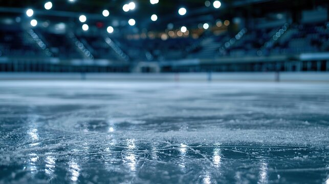 Empty ice surface in hockey arena with subtle reflections under lights and blurred stands, solemn pre-game anticipation