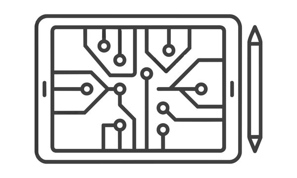 Minimalist monoline icon of a digital tablet with a stylus pen and circuit node connections on the screen isolated on white background modern technology concept