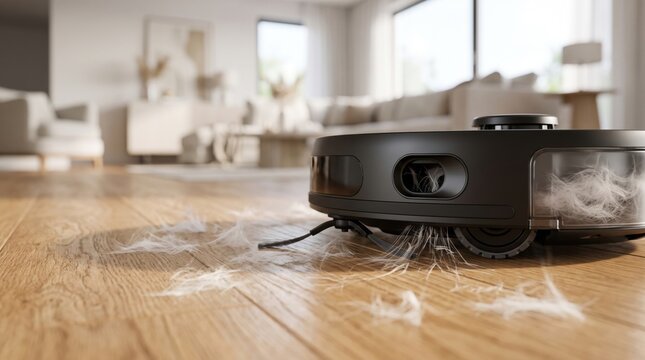 Robot vacuum cleaner collecting pet hair from a hardwood floor. Smart home cleaning, pet hair removal, automatic vacuum cleaner and household cleaning concept