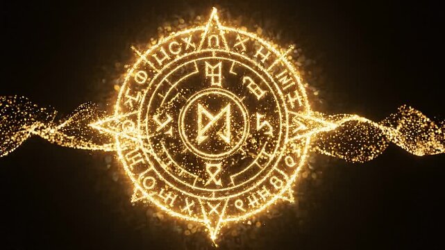 Golden magical rune circle glowing with particles video