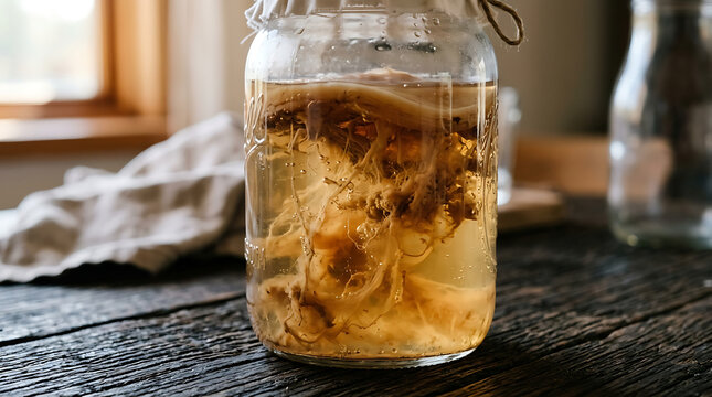 Close-up view of a kombucha culture growing in a glass jar, showcasing the fermentation process for a healthy homemade beverage.