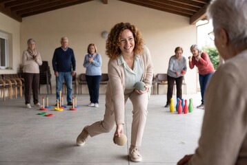 Fototapeta premium Caregiver and seniors enjoying social games for an active lifestyle at retirement home