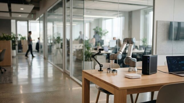 Compact robot arm, sensor camera, edge computing tower, wireless access point, and office conference table in a modern workspace.