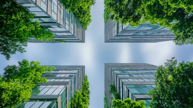 Modern city skyscrapers with green foliage.