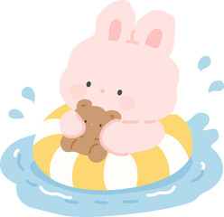 Fototapeta premium Cute Bunny Rabbit Floating on Swim Ring