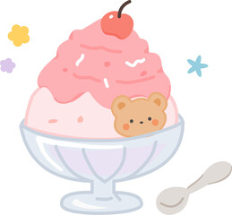 Cute Bear with Strawberry Shaved Ice Dessert