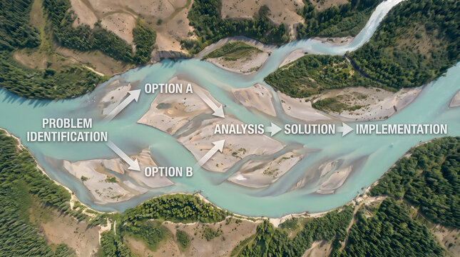 Strategic decision making flow chart. Business planning process diagram over river.