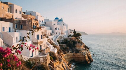 Fototapeta premium White mediterranean houses with blue domes on cliffs next to ocean with architecture destination buildings